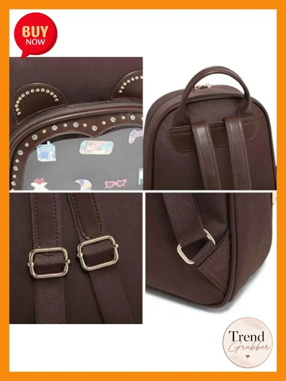 Kawaii Bear Ita Backpack Purse, Clear Pin Display Bag, Nylon Water Resistant